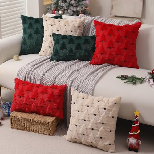 Allorry Christmas Pillow Covers 18x18 inch Set of 2 Xmas Decorations Soft Plush Faux Fur Wool Beige Christmas Tree Throw Pillow Cases Winter Holiday Decor for Sofa Living Room PT-002C18 - Image 5