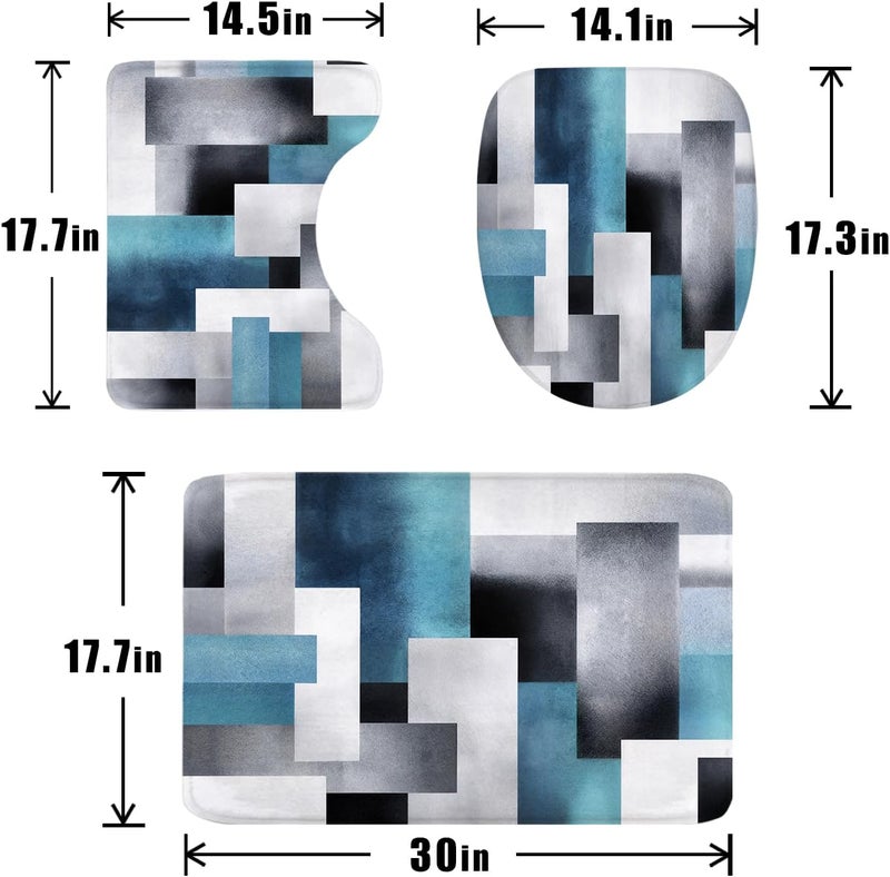 Riyidecor 4PCs Blue Grey Abstract Shower Curtain Bathroom Set with Non-Slip Rugs, Toilet Lid Cover and Bath Mat Simple Geometric Waterproof 12 Pack Hooks 72x72 inch Color Blocks Shower Curtain Decor - Image 4