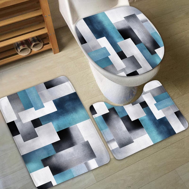 Riyidecor 4PCs Blue Grey Abstract Shower Curtain Bathroom Set with Non-Slip Rugs, Toilet Lid Cover and Bath Mat Simple Geometric Waterproof 12 Pack Hooks 72x72 inch Color Blocks Shower Curtain Decor - Image 2