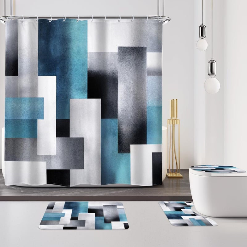 Riyidecor 4PCs Blue Grey Abstract Shower Curtain Bathroom Set with Non-Slip Rugs, Toilet Lid Cover and Bath Mat Simple Geometric Waterproof 12 Pack Hooks 72x72 inch Color Blocks Shower Curtain Decor - Image 1