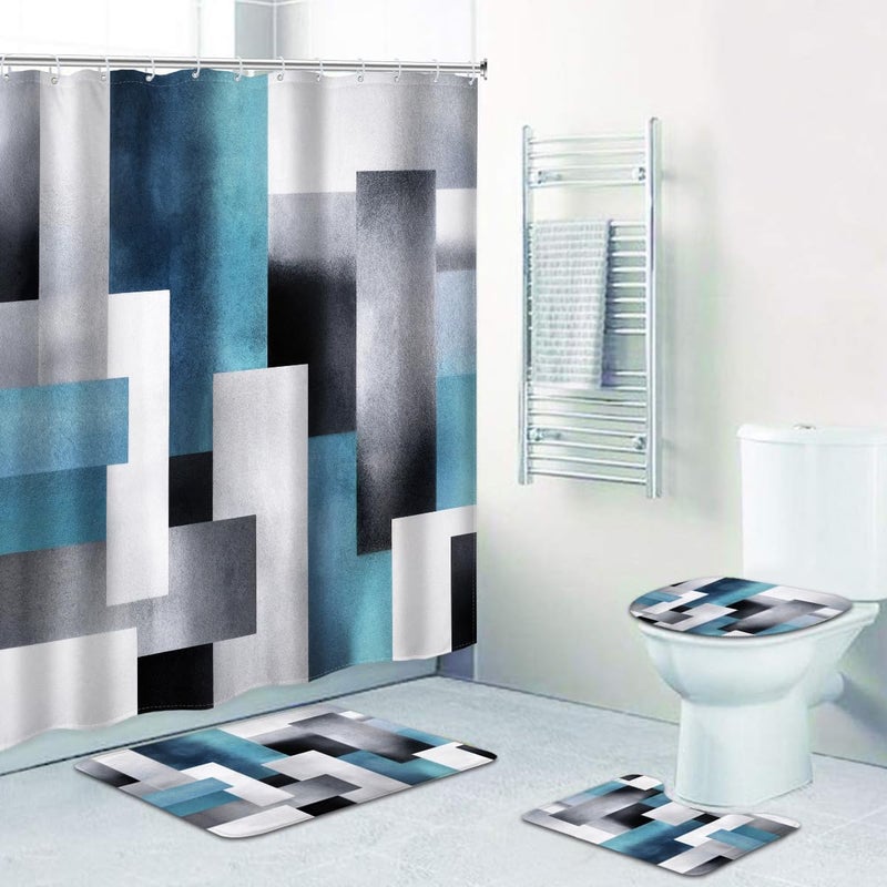 Riyidecor 4PCs Blue Grey Abstract Shower Curtain Bathroom Set with Non-Slip Rugs, Toilet Lid Cover and Bath Mat Simple Geometric Waterproof 12 Pack Hooks 72x72 inch Color Blocks Shower Curtain Decor - Image 5