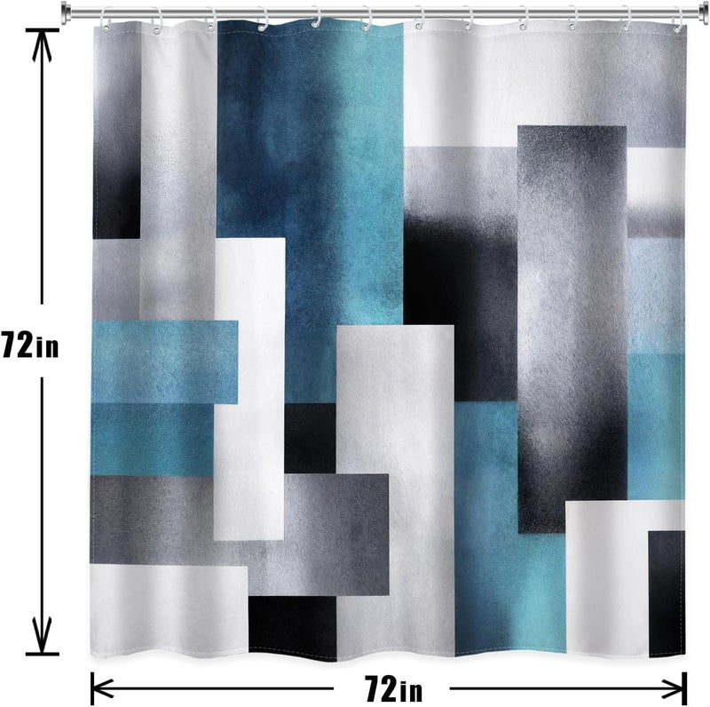 Riyidecor 4PCs Blue Grey Abstract Shower Curtain Bathroom Set with Non-Slip Rugs, Toilet Lid Cover and Bath Mat Simple Geometric Waterproof 12 Pack Hooks 72x72 inch Color Blocks Shower Curtain Decor - Image 3