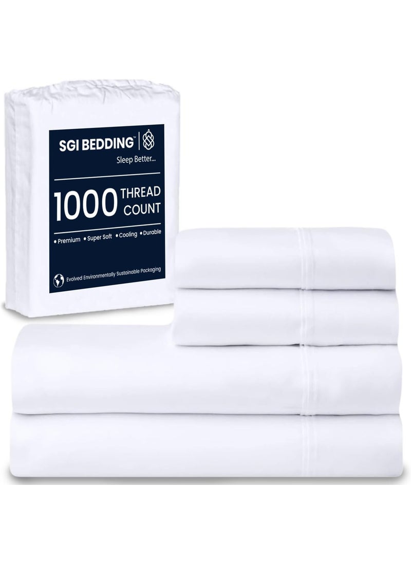 SGI bedding SGI 1000 Thread Count Egyptian Cotton King Sheet Set  Ultra Soft Deep Pocket 15 Fitted Breathable  HotelQualityLuxury 4Piece Premium Bedding Set for Crisp Durable Comfort  White 