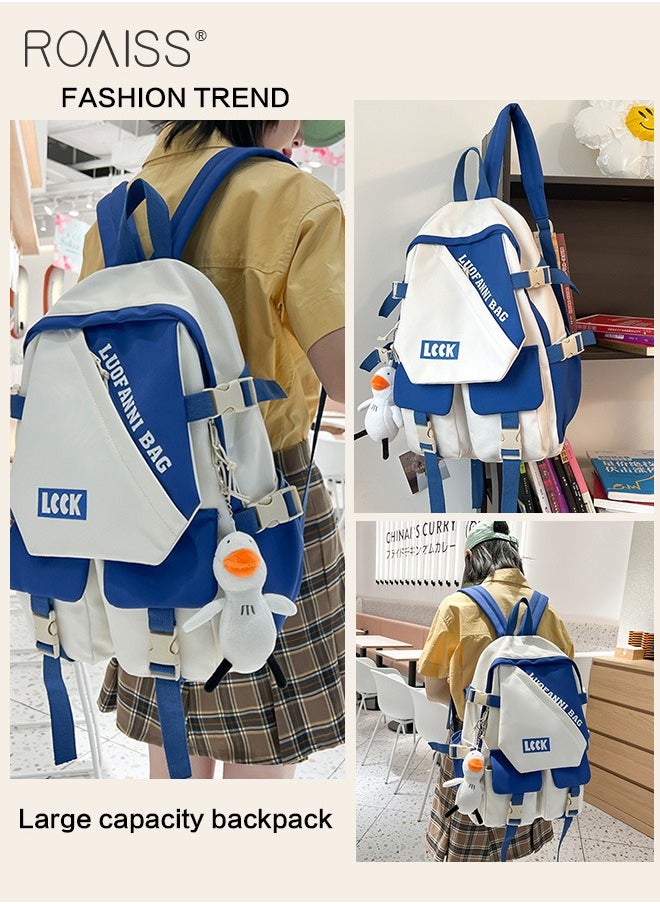 roaiss - Casual Patchwork Color Contrast Duckling Pendant Backpack Fashion Versatile High Capacity School Bag Simple Multi Pocket Travel Student Computer Backpack - Image 1