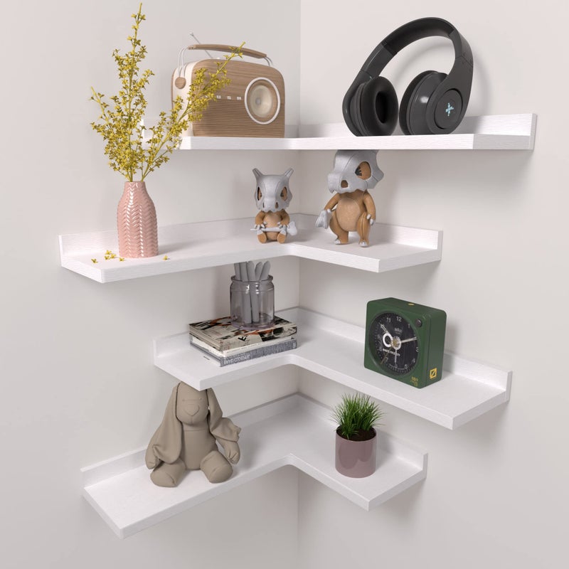 Ecowillon 4 Tier Corner Floating Shelves Set of 4, Rustic Pine Wood Corner Shelves for Wall Storage and Decor, L-Shaped Corner Wall Mounted Shelf for Bedroom, Living Room, Bathroom, Kitchen â€“ White - Image 1