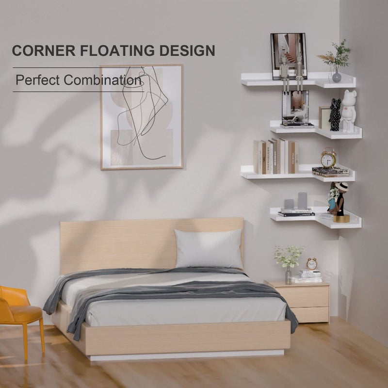 Ecowillon 4 Tier Corner Floating Shelves Set of 4, Rustic Pine Wood Corner Shelves for Wall Storage and Decor, L-Shaped Corner Wall Mounted Shelf for Bedroom, Living Room, Bathroom, Kitchen â€“ White - Image 3