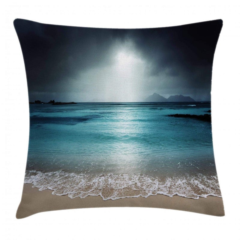 Ambesonne Tropical Throw Pillow Cushion Cover, Storm Sky on The Beach of La Dugue Island Seychelles Dramatic Scene, Decorative Square Accent Pillow Case, 18" X 18", Petrol Blue