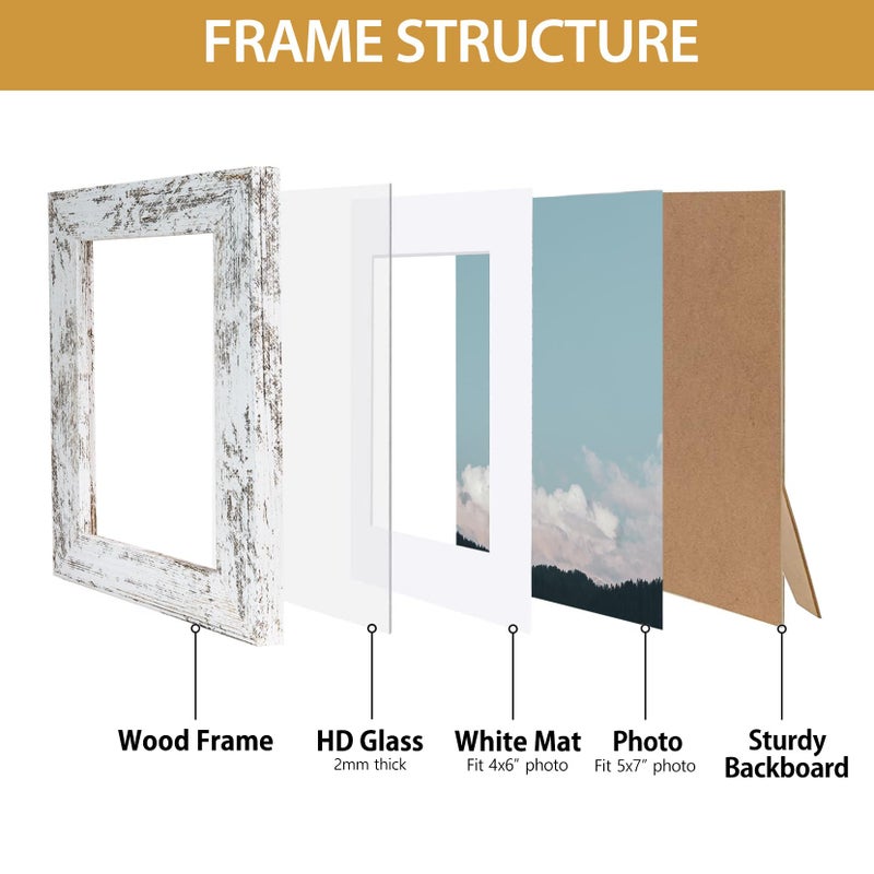 Califortree Rustic White 5x7 Picture Frame - Display Photos 4x6 with Mat or 5x7 Without Mat - Real Glass Frames for Wall and Tabletop - Set of 2 - Image 4