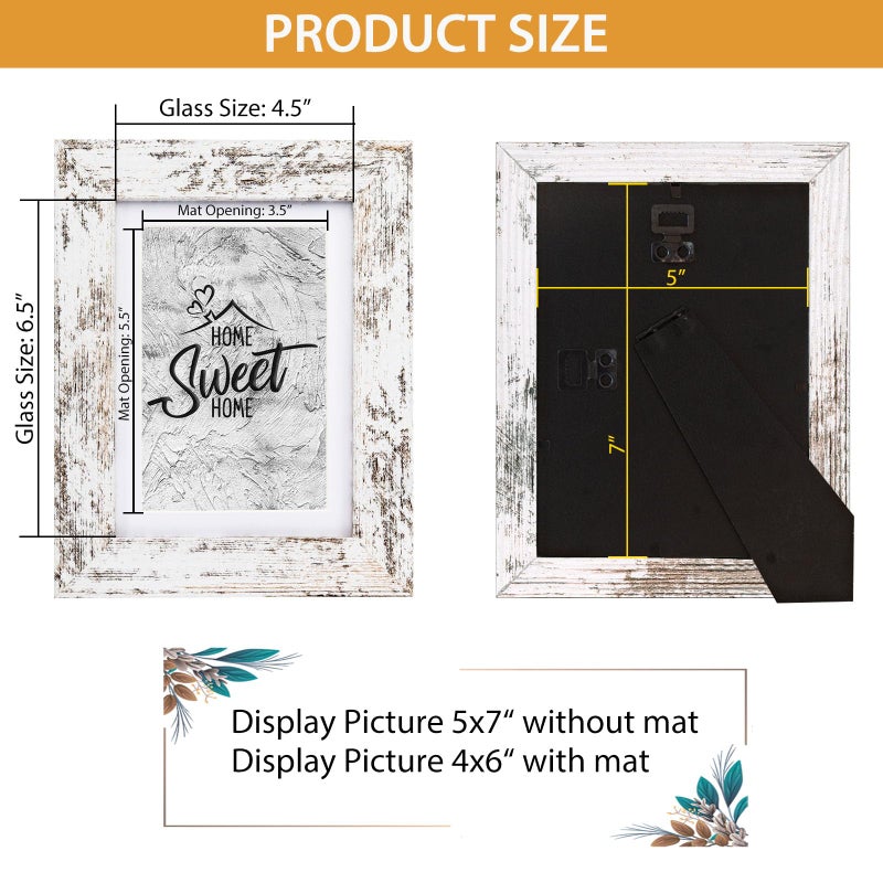 Califortree Rustic White 5x7 Picture Frame - Display Photos 4x6 with Mat or 5x7 Without Mat - Real Glass Frames for Wall and Tabletop - Set of 2 - Image 5