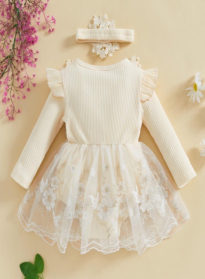 Douhoow Baby Girl Romper Dress Baby Dress Romper Lace Flowers Infant Fall Winter Festival Clothes with Headband (Beige, 0-3 Months) - Image 4