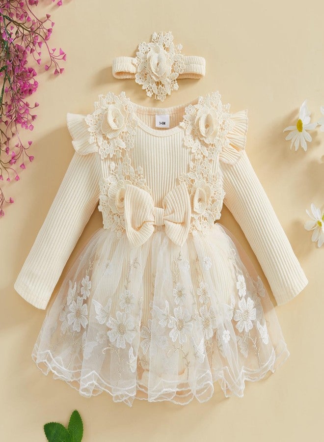 Douhoow Baby Girl Romper Dress Baby Dress Romper Lace Flowers Infant Fall Winter Festival Clothes with Headband (Beige, 0-3 Months) - Image 2