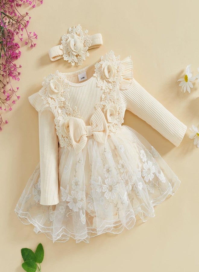 Douhoow Baby Girl Romper Dress Baby Dress Romper Lace Flowers Infant Fall Winter Festival Clothes with Headband (Beige, 0-3 Months) - Image 3