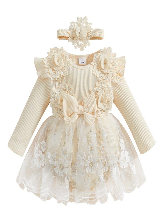 Douhoow Baby Girl Romper Dress Baby Dress Romper Lace Flowers Infant Fall Winter Festival Clothes with Headband (Beige, 0-3 Months) - Image 1