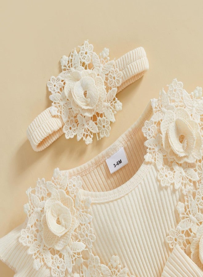 Douhoow Baby Girl Romper Dress Baby Dress Romper Lace Flowers Infant Fall Winter Festival Clothes with Headband (Beige, 0-3 Months) - Image 5