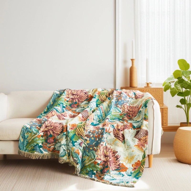 LUTBM Boho Throw Blanket for Bed Cotton Spring Blankets Twin Size for Bedroom Living Room All Season Lightweight Botanical Floral Embroidery Quilt for Couch Sofa Chair 60"x80" Home Decor - Image 4