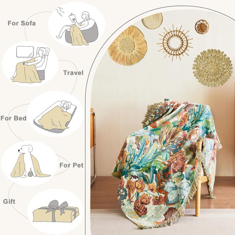 LUTBM Boho Throw Blanket for Bed Cotton Spring Blankets Twin Size for Bedroom Living Room All Season Lightweight Botanical Floral Embroidery Quilt for Couch Sofa Chair 60"x80" Home Decor - Image 5