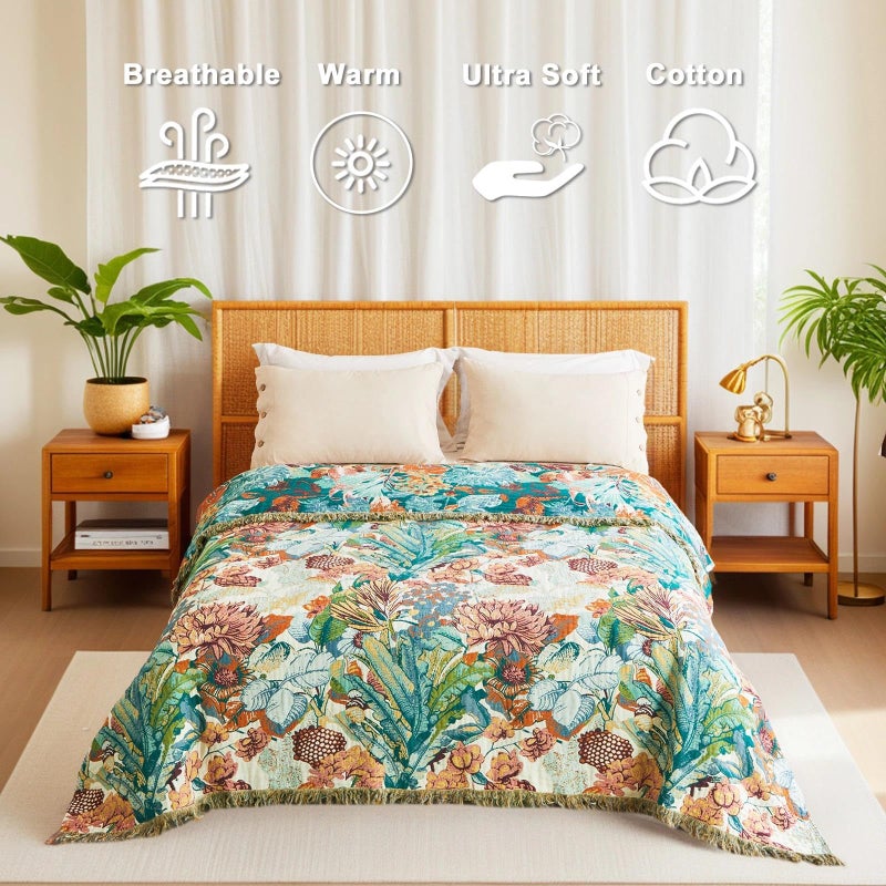 LUTBM Boho Throw Blanket for Bed Cotton Spring Blankets Twin Size for Bedroom Living Room All Season Lightweight Botanical Floral Embroidery Quilt for Couch Sofa Chair 60"x80" Home Decor - Image 2