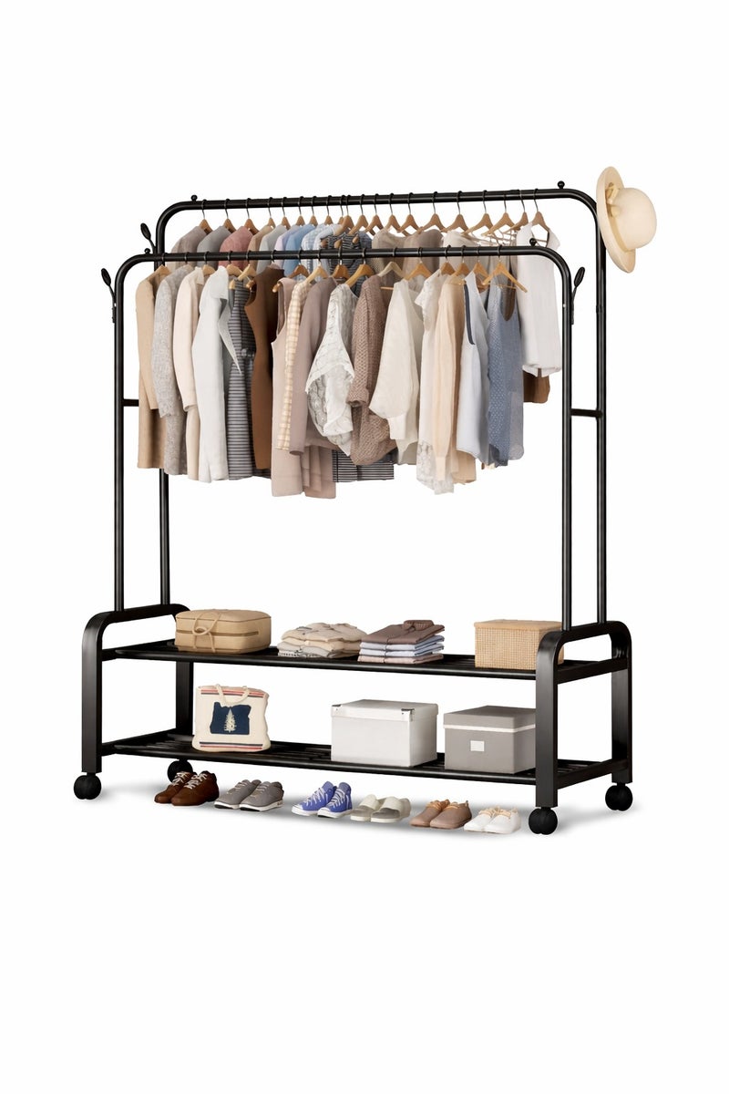 O2. Heavy Duty Rolling Garment Rack – Double Rail Clothes Organizer with Storage Shelves, Lockable Wheels & Strong Metal Frame – Portable Closet for Home or Office (96 x 44 x 162). - Image 1
