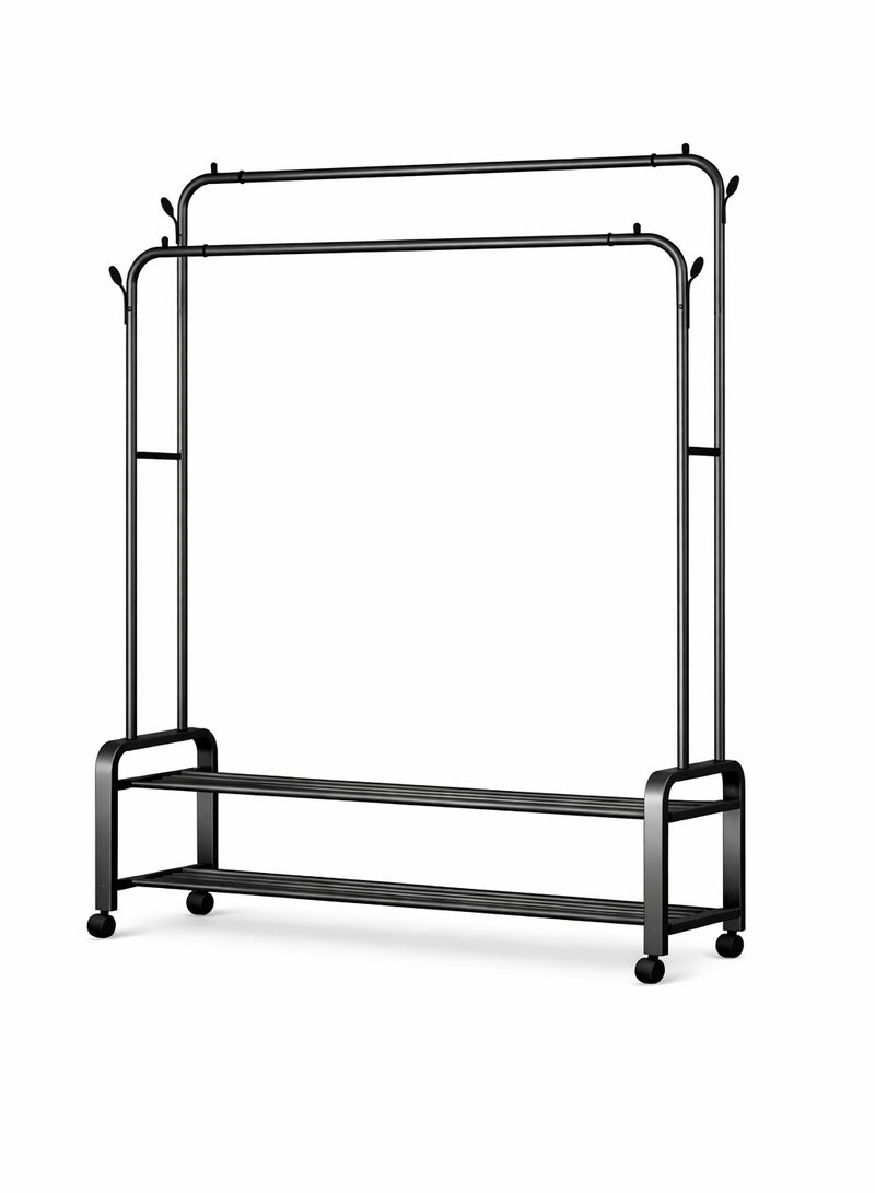 O2. Heavy Duty Rolling Garment Rack – Double Rail Clothes Organizer with Storage Shelves, Lockable Wheels & Strong Metal Frame – Portable Closet for Home or Office (96 x 44 x 162). - Image 4