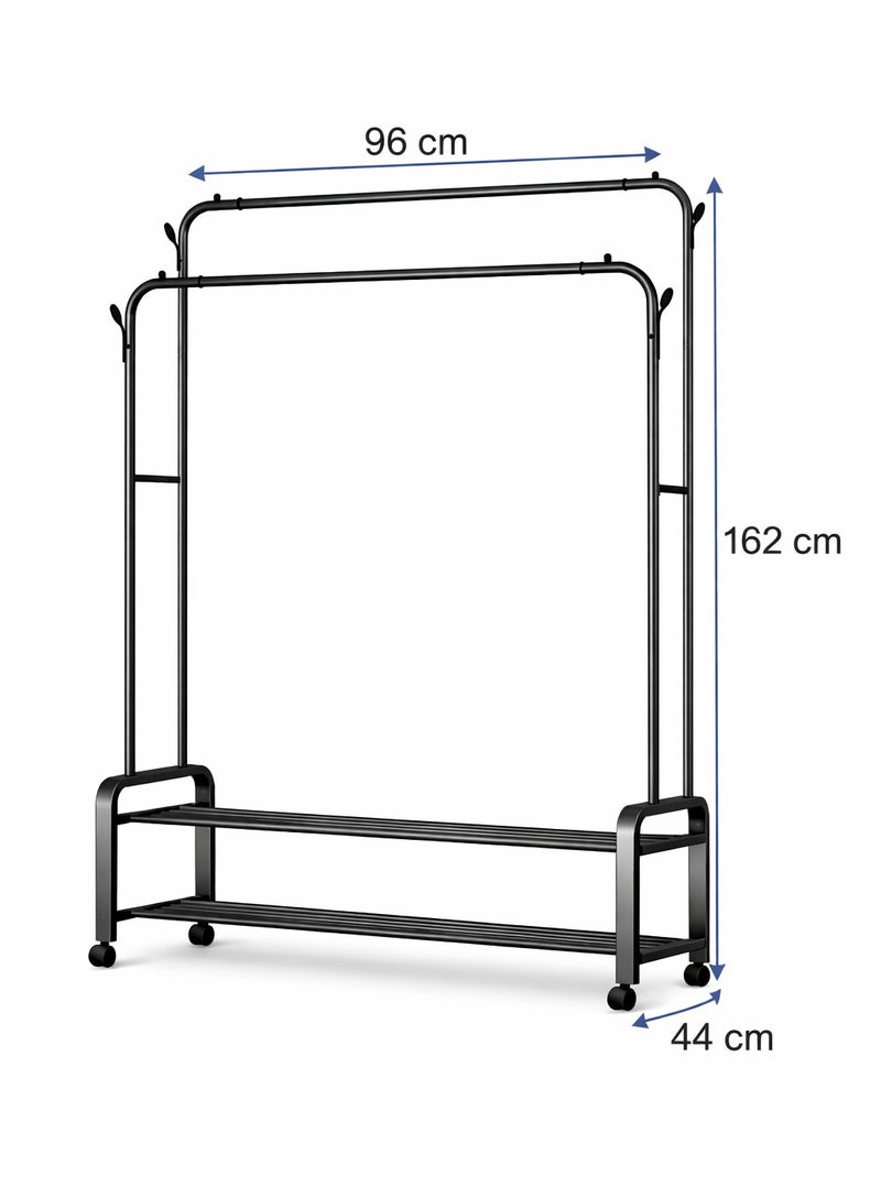 O2. Heavy Duty Rolling Garment Rack – Double Rail Clothes Organizer with Storage Shelves, Lockable Wheels & Strong Metal Frame – Portable Closet for Home or Office (96 x 44 x 162). - Image 5