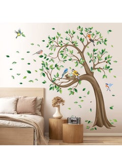 decalmile decalmile Large Green Tree Wall Stickers Flying Leaves Birds Wall Decals Bedroom Living Room Sofa TV Background Wall Decor (H:160CM)  - Image 1
