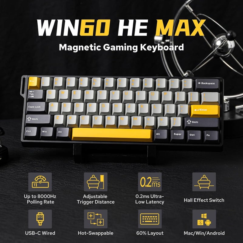 EPOMAKER AULA WIN60 HE 60% Wired Magnetic Keyboard with Adjustable Actuation, 8000 Hz Polling Rate, Hall Effect Switches, Hot-Swap, For FPS Games (Grey&Yellow) - Image 2