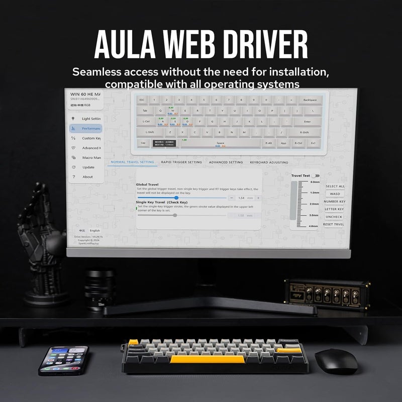 EPOMAKER AULA WIN60 HE 60% Wired Magnetic Keyboard with Adjustable Actuation, 8000 Hz Polling Rate, Hall Effect Switches, Hot-Swap, For FPS Games (Grey&Yellow) - Image 5