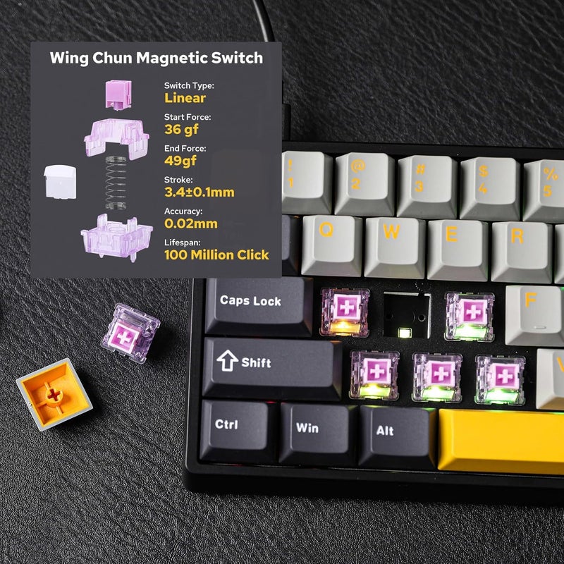 EPOMAKER AULA WIN60 HE 60% Wired Magnetic Keyboard with Adjustable Actuation, 8000 Hz Polling Rate, Hall Effect Switches, Hot-Swap, For FPS Games (Grey&Yellow) - Image 4