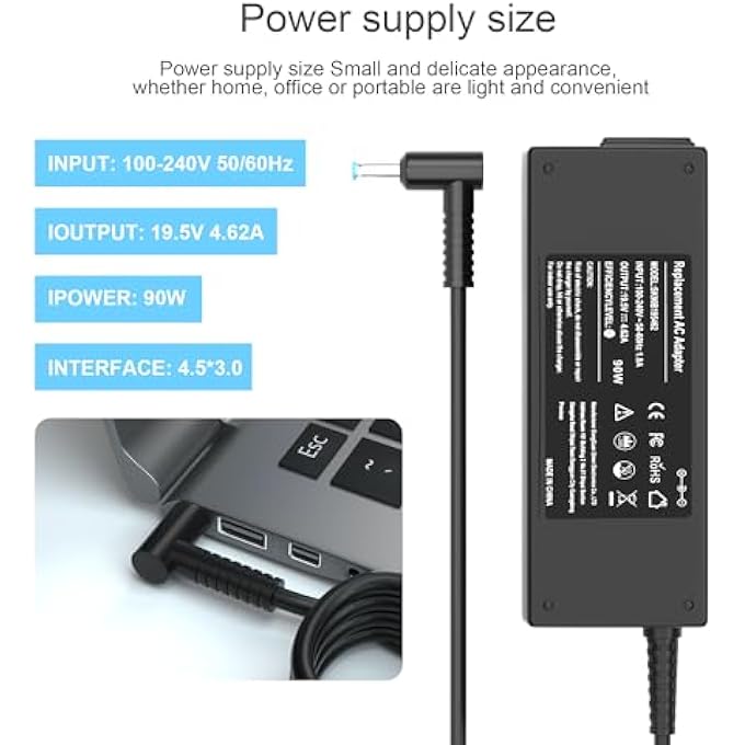 rayihni 90W 19.5V 4.62A AC ADAPTER LAPTOP CHARGER FOR HP 710412-001 740015-001 710413-001 710414-001 719309-001 721092-001 709986-003 ENVY TOUCHSMART M6 M7 15-J 17-J HP PAVILION 11 14 15 17 POWER SUPPLY CORD - Image 3
