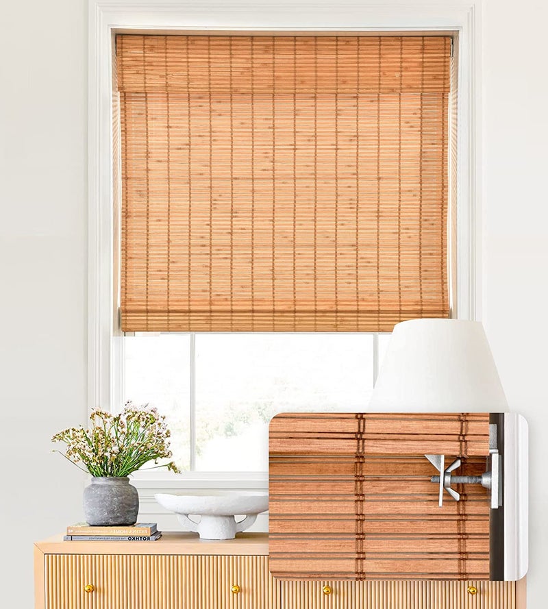 LazBlinds No Tools No Drill Cordless Bamboo Roman Shades Light Filtering Window Treatment Roll Up Bamboo Blinds for Windows 39 W x 64 H Wood