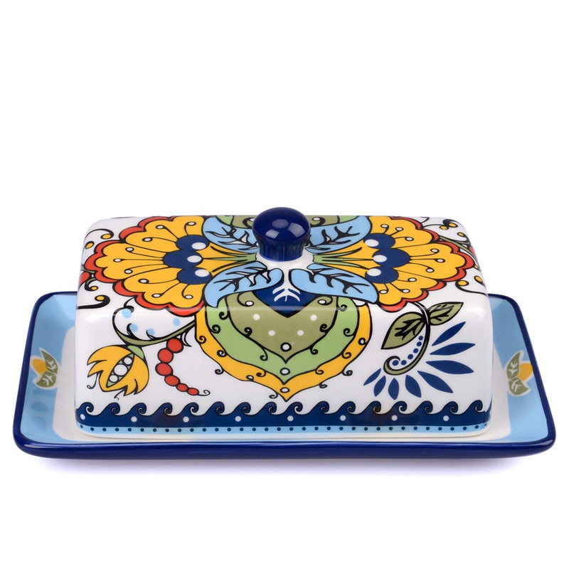 NAGU Hand Drawn Ceramic Butter Dish with Lid Farmhouse Butter Plate Tray with Cover Vintage Cheese Container Holder for Kitchen Countertop Decorative Colored Country Style Home Butter Keeper Saver