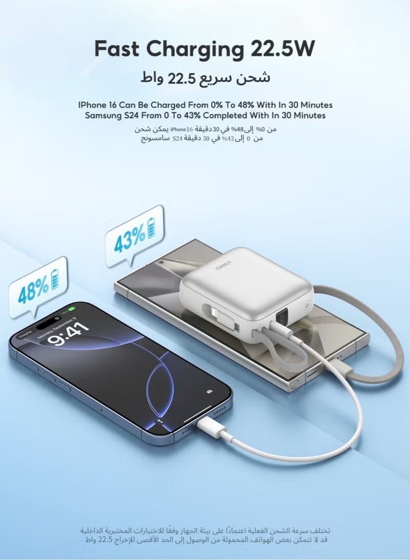 Vinko باور بانك VINKO V9 10000mAh Mini Power Bank بسعة 10000mAh وشحن سريع بقوة 22.5 واط، يتميز بحجم صغير جدًا يناسب الجيب، مع كابلات مدمجة للشحن دون الحاجة لحمل أسلاك - Image 4