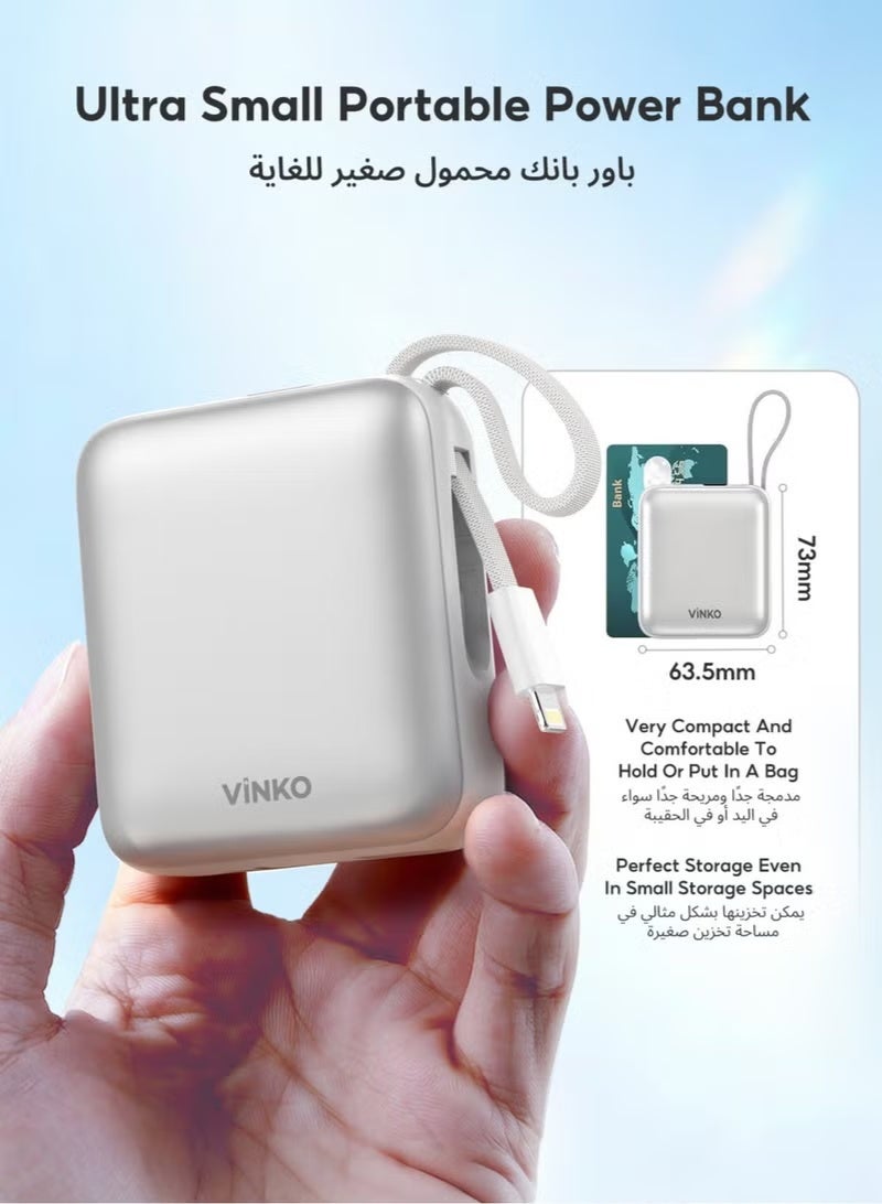 Vinko باور بانك VINKO V9 10000mAh Mini Power Bank بسعة 10000mAh وشحن سريع بقوة 22.5 واط، يتميز بحجم صغير جدًا يناسب الجيب، مع كابلات مدمجة للشحن دون الحاجة لحمل أسلاك - Image 5