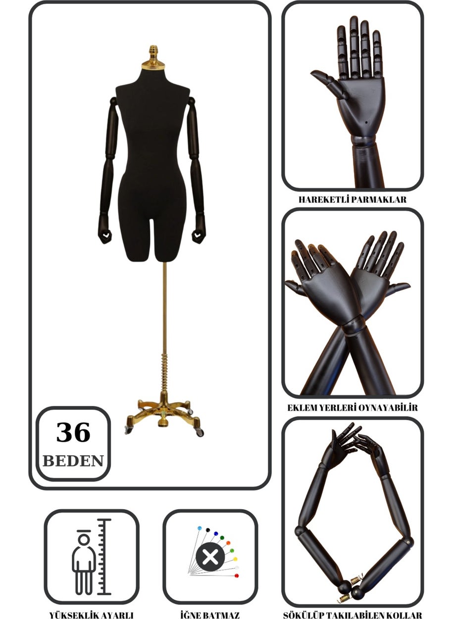 Manken İstanbul Mannequin Istanbul Luxury Gold Footed Tailor Mannequin with Wooden Arms Size 36 That Can Wear Trousers Showcase Mannequin  - Image 1