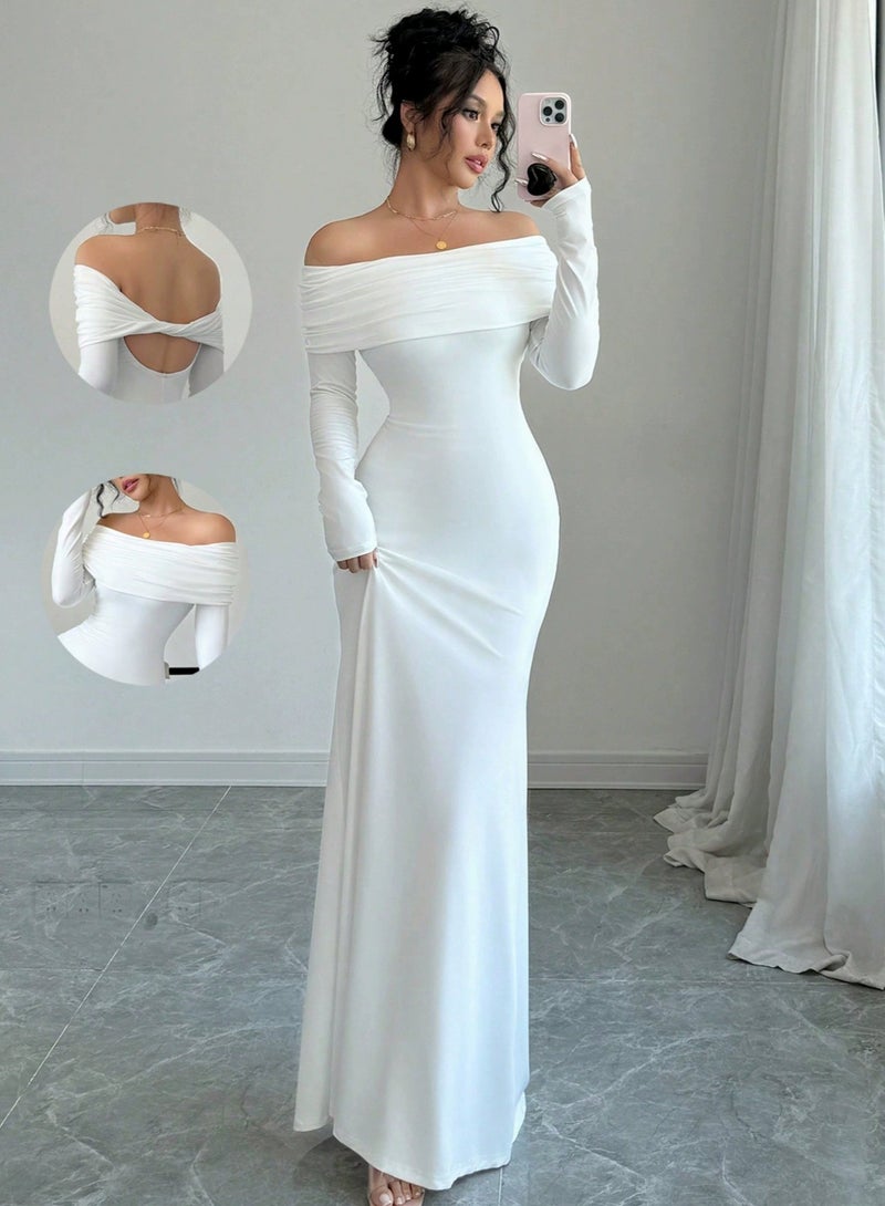 general فستان سهرة طويل ضيق بأكتاف مكشوفة ومجعد - Image 1