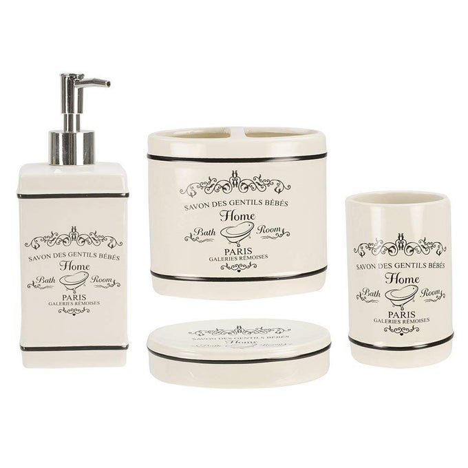 PARIS COLLECTION 4 PIECE BATHROOM ACCESSORIES SET FEATURING A SOAP DISPENSER TOOTHBRUSH HOLDER TUMBLER AND SOAP DISH
