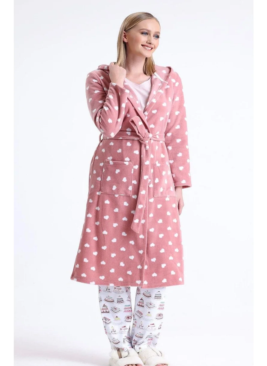 Magic Form 32456 Women's Polar Fleece Hooded Long Dressing Gown (With Eye Patch Gift) - Dusty Rose