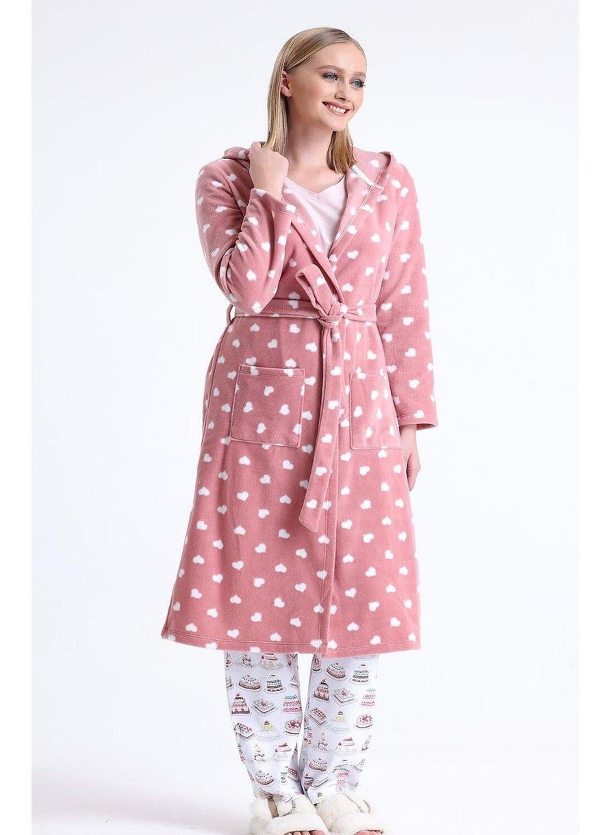 Magic Form 32456 Women's Polar Fleece Hooded Long Dressing Gown (With Eye Patch Gift) - Dusty Rose  - Image 1