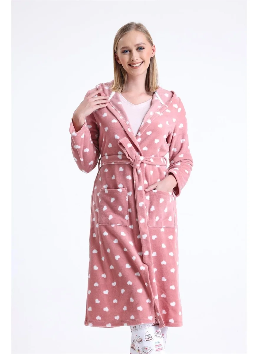 Magic Form 32456 Women's Polar Fleece Hooded Long Dressing Gown (With Eye Patch Gift) - Dusty Rose