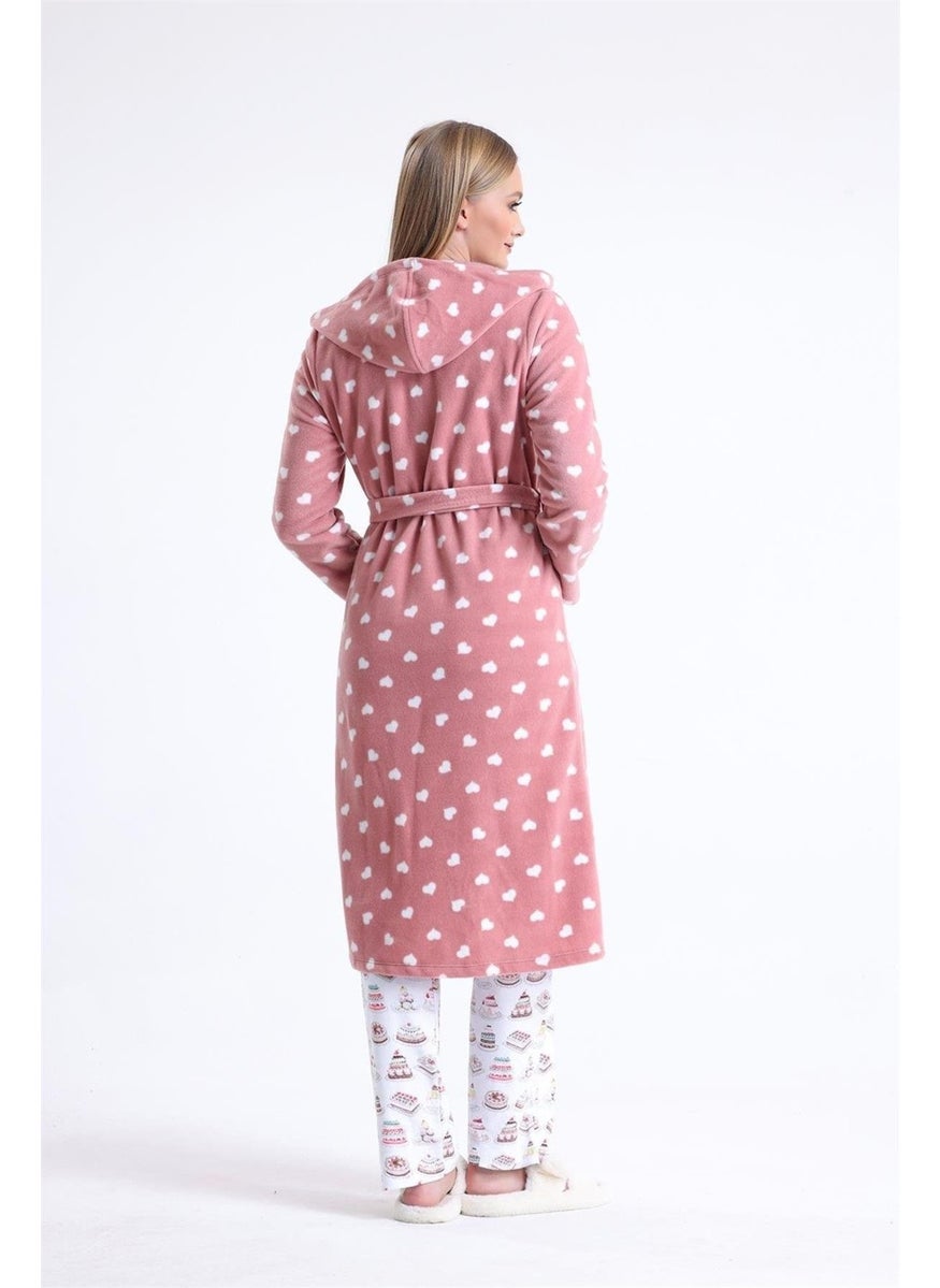 Magic Form 32456 Women's Polar Fleece Hooded Long Dressing Gown (With Eye Patch Gift) - Dusty Rose  - Image 5