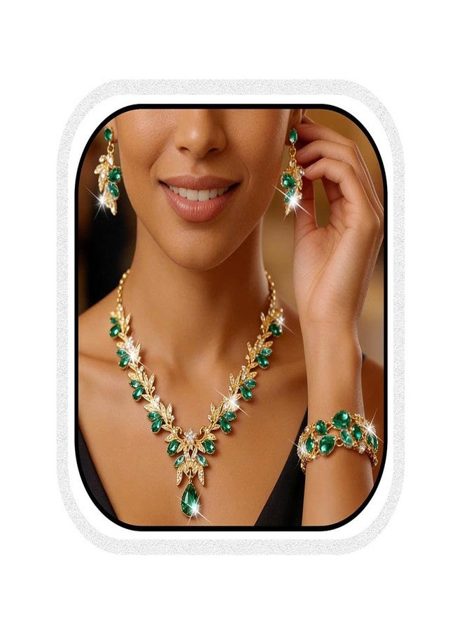 Unicra Gold Green Jewelry Sets Rhinestone Wedding Necklace Earrings Bracelet Set Prom Formal Indian Costume Jewelry for Women and Brides (Green) - Image 1