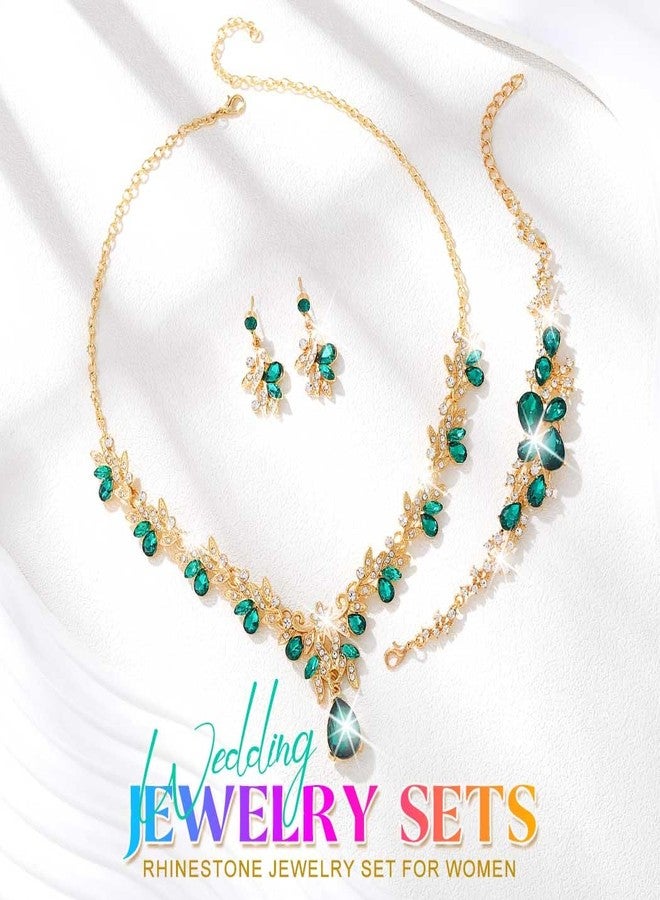 Unicra Gold Green Jewelry Sets Rhinestone Wedding Necklace Earrings Bracelet Set Prom Formal Indian Costume Jewelry for Women and Brides (Green) - Image 5
