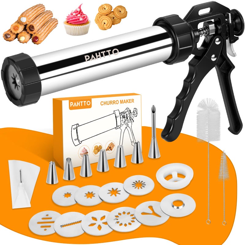 PAHTTO Churro Maker Machine Stainless Steel Churros Gun Kit 3in1 Multifunctional Cookie Press Hollow Churro with Piping Bag 7 Piping Nozzles 9 Cookie Discs 2 Brushes Easy to Clean