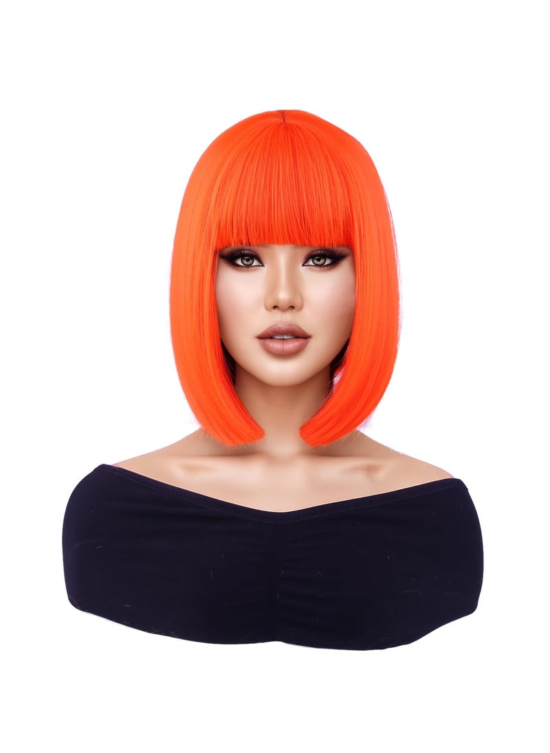 MAGQOO MAGQOO Orange Wig Orange Bob Wig with Bangs 12 Inches Short Straight Neon Orange Hair Wigs Synthetic Cosplay Party Wig with Wig Cap 