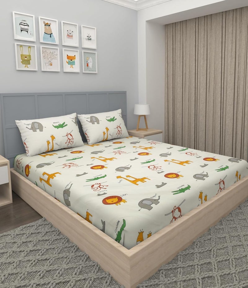 VOMZER 320 TC Cotton Feel All Around Elastic Fitted Bedsheets King Size, Premium Fitted Bedsheets King Size for Double Bed with 2 Pillow Covers, Size- 78” x 72” (Cream) - Image 1