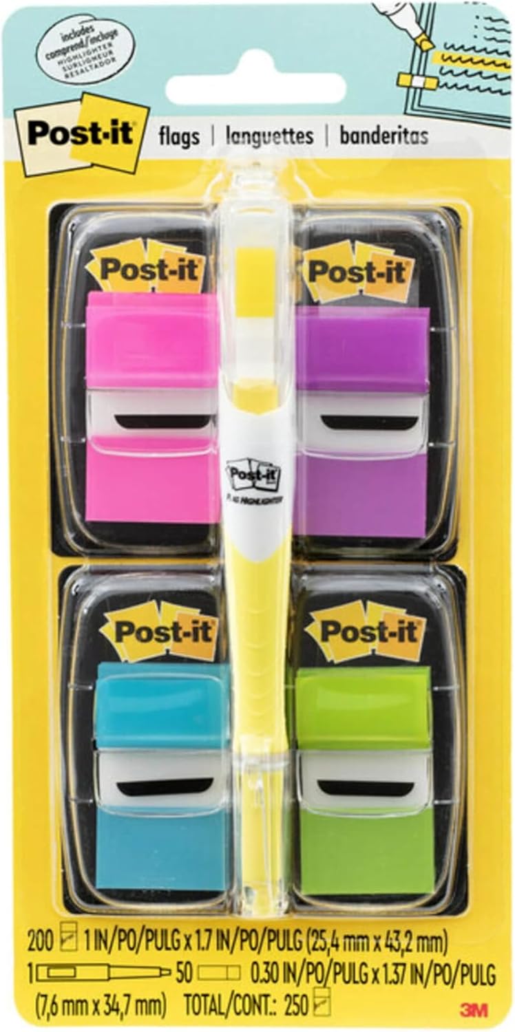 Post-it Flags Value Pack with Highlighter - Assorted Bright Colors, 50 Flags per Dispenser, 4 Dispensers - Image 1