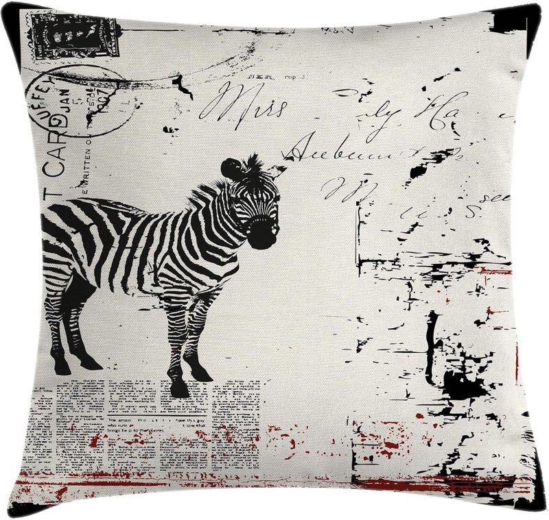 Grunge Throw Pillow Cushion Cover, Modern Textured Savannah Animal Zebra on Retro Typographic Background Print, Decorative Square Accent Pillow Case, 18 * 18, Black Cream