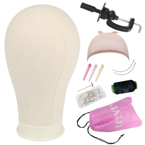 Leeven 2124 Poly Canvas Block Wig Head Hair practice Manikin Canvas Head for MakingDryingStyling Wigs Mannequin head With Table Clamp Stand and T Pins 24 Inch - Image 2