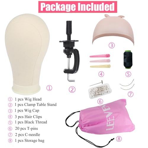 Leeven 2124 Poly Canvas Block Wig Head Hair practice Manikin Canvas Head for MakingDryingStyling Wigs Mannequin head With Table Clamp Stand and T Pins 24 Inch - Image 5