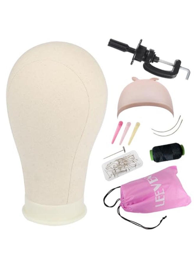 Leeven 2124 Poly Canvas Block Wig Head Hair practice Manikin Canvas Head for MakingDryingStyling Wigs Mannequin head With Table Clamp Stand and T Pins 24 Inch - Image 1